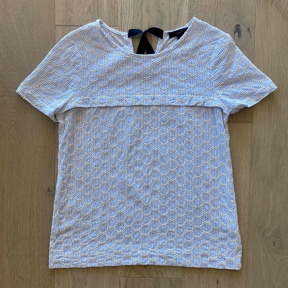 J. Crew blue + white seersucker lace eyelet blouse with black bow tie, size 6